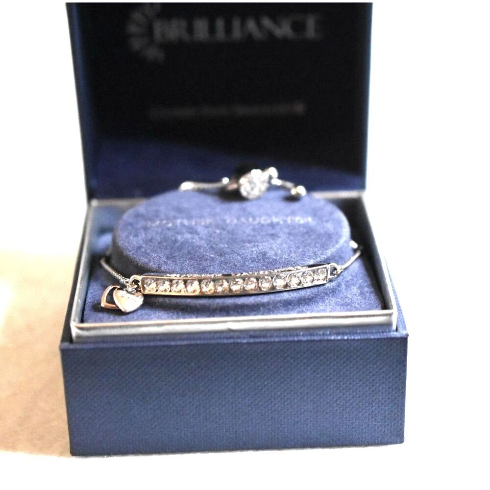 NIB Brillance Mother Daughter Swarovski Crystal Bar Heart Charm 8 " Bracelet